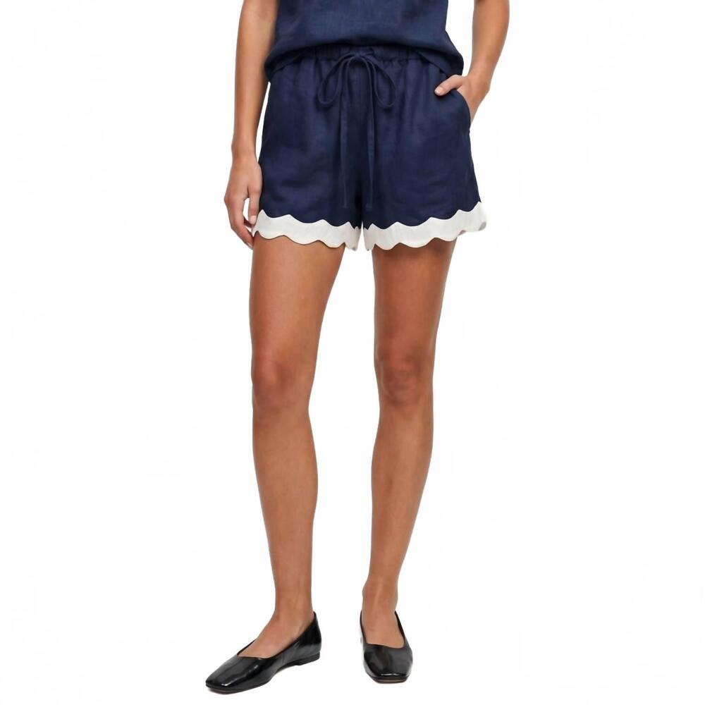 NEW NAKED ZEBRA scallop trim linen shorts in navy